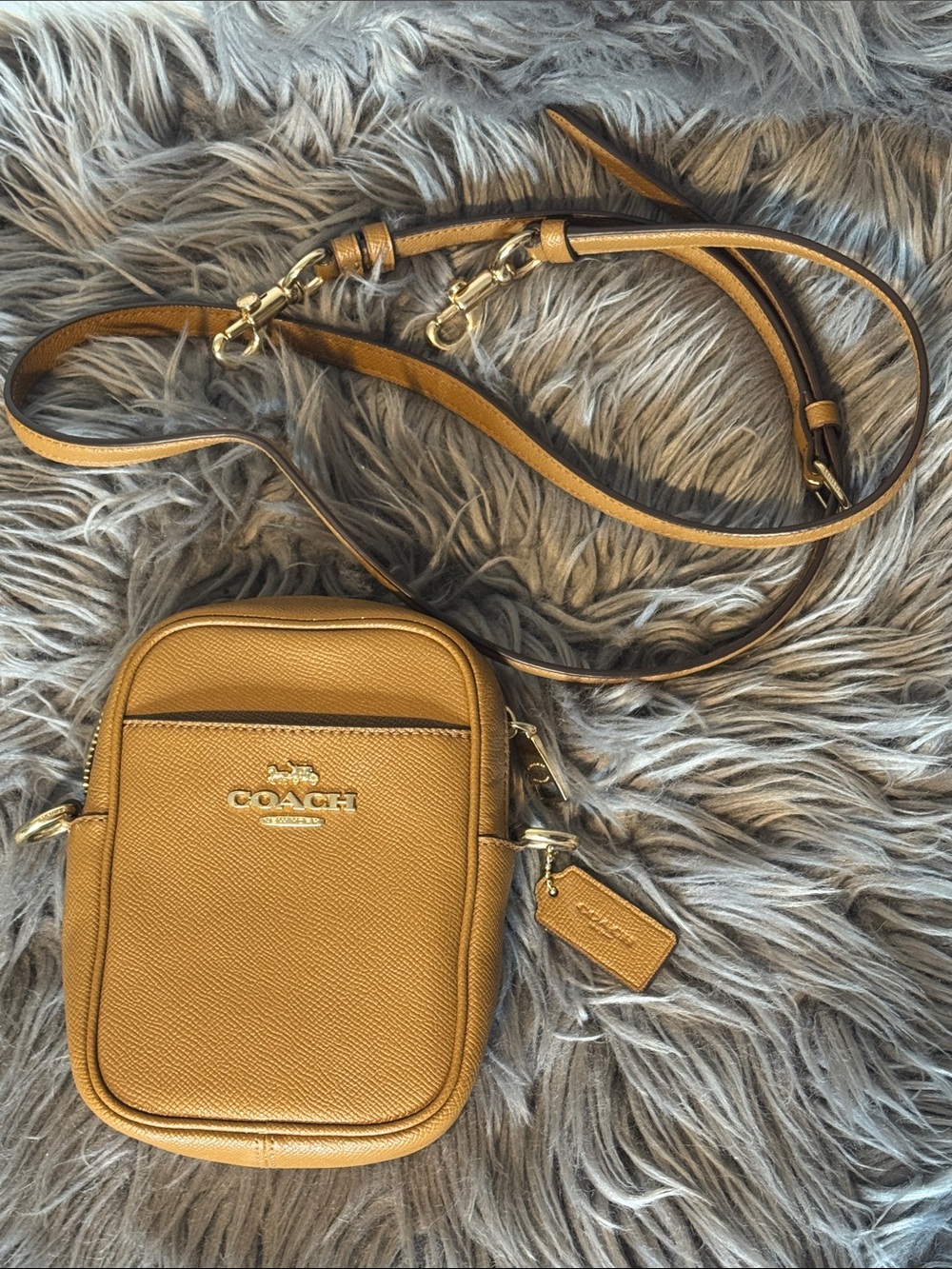 Coach Mini Camera Bag Crossbody | Tan Pebbled Leather | Gold Hardware | EUC